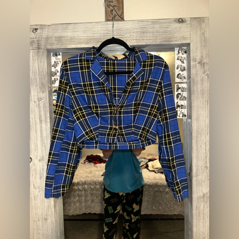 Blue and Yellow Plaid Cropped Blazer with matching skirt
